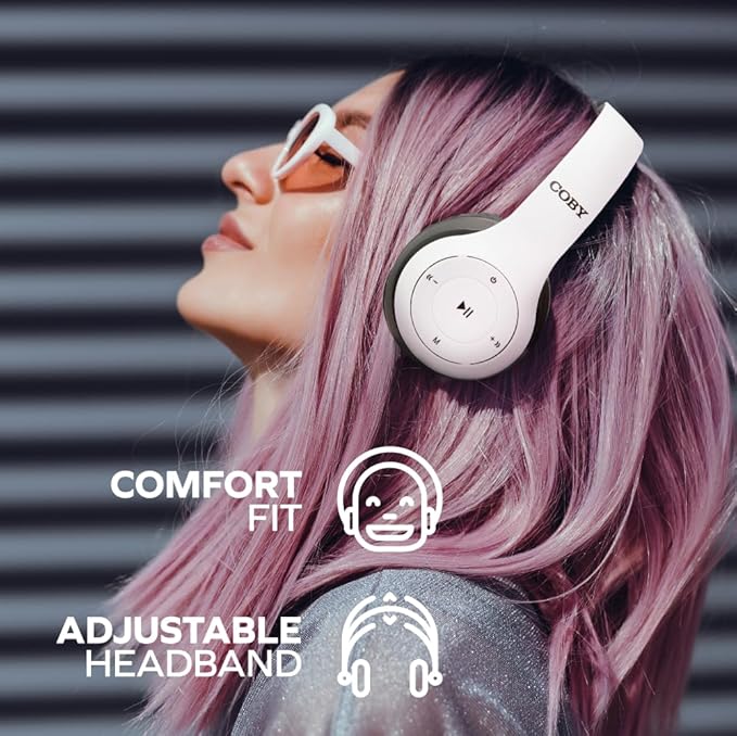 Coby Bluetooth Headphones, Rechargeable and Foldable Over-Ear Headset with Mic, TF Card Slot and AUX Input, Hands-Free Controls, 5-Hour Playback, Micro-USB Cable Included, White