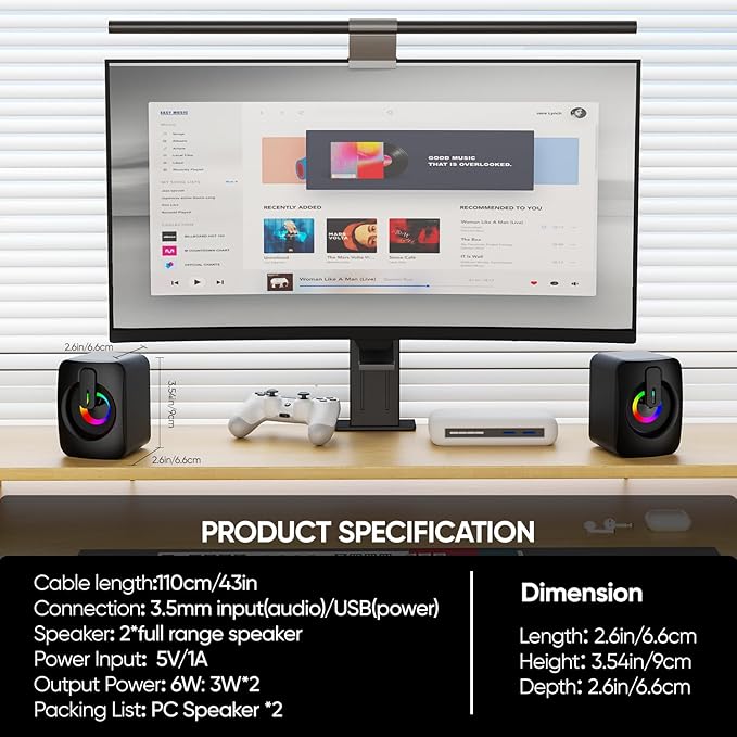 MELOGAGA RGB Computer Speakers, USB-Powered PC Speakers with 7-Color LED Backlight, 3.5mm Aux Compact Soundbar for Desktop, Laptop, Tablet – Crisp Audio & Space-Saving Design