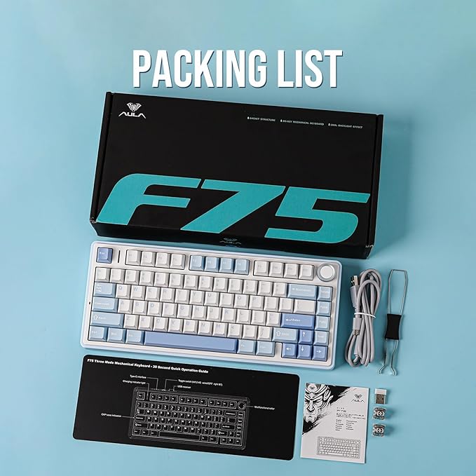 EPOMAKER x Aula F75 Gasket Mechanical Keyboard, 75% Wireless Hot Swappable Gaming Keyboard with Five-Layer Padding&Knob, Bluetooth/2.4GHz/USB-C, RGB (Sea Salt Blue, Ice Vein Switch)