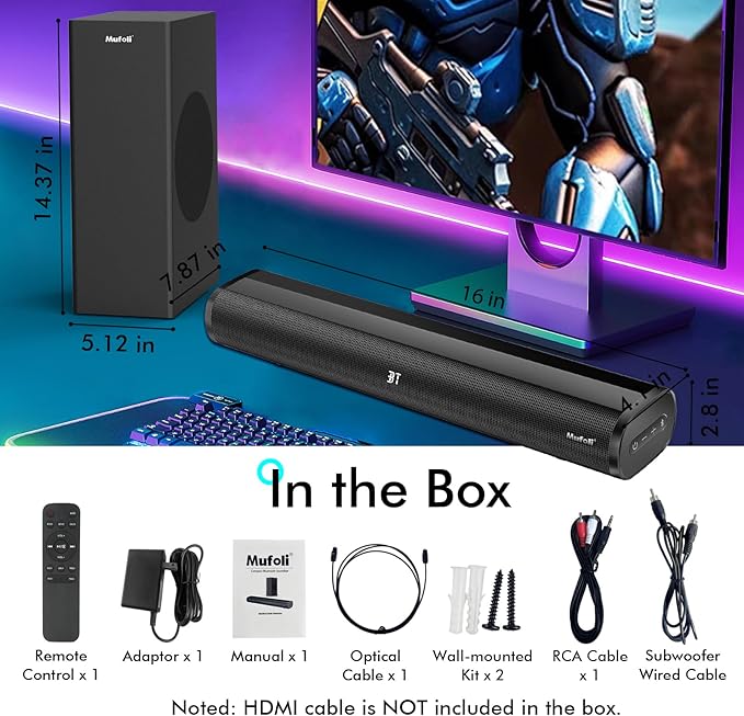 Sound Bars for TV with Subwoofer 2.1 CH 120W Soundbar for TV, for PC, Gaming, Surround Sound System TV Sound Bar Speakers, Home Theater with Bluetooth, HDMI, AUX, USB, Opt Connection, 16 Inch, MF604S