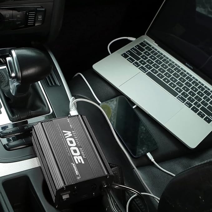 300W Black 300W/600W DC12V to AC110V Modified Sine Wave Car Inverter with 2 AC Sockets & 2 USB Ports for Camping & Vehicles