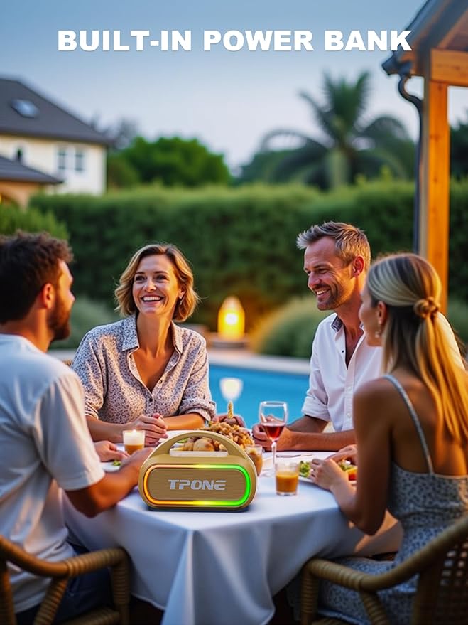 TPone Portable Bluetooth Speaker, 30W (Peak) Wireless Speaker for Outdoor, Up to 12H Playtime, IPX5 Waterproof with Light, TWS Pairing, for Home/Party/Outdoor/Beach, Birthday Gift (Peach Fuzz)