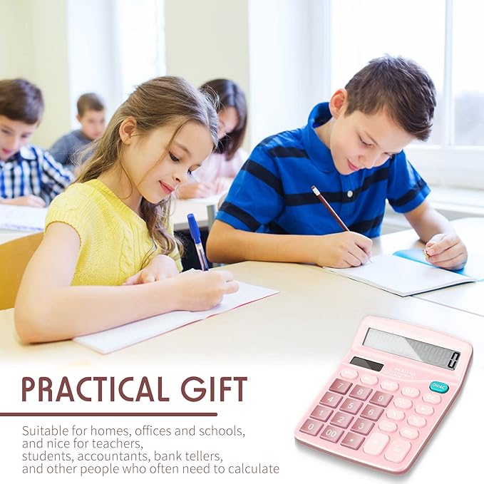 Konohan 8 Pieces 12-Digit Calculator, Solar Basic Desktop Calculator Large Display Electronic Dual Power Handheld for Home Office School(Pink)