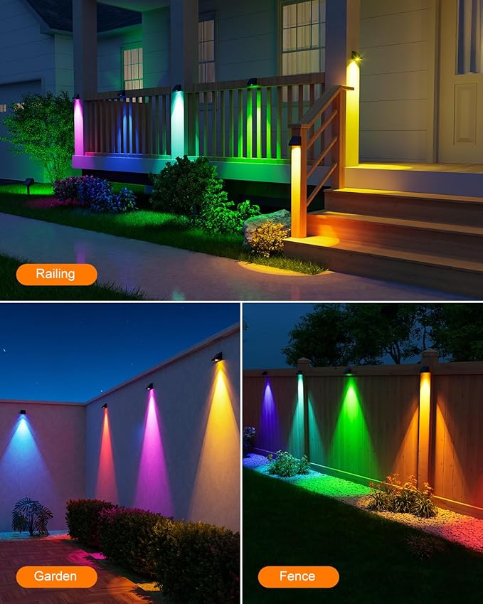 8 Pack Color Changing Solar Powered Fence Lighting Outdoor Decoration LED Waterproof Landscape Down Light for Outside Door, Garden, Balcony, Patio, Railing, Stair, 8 Colorful Modes, Easy 1-Min Mount