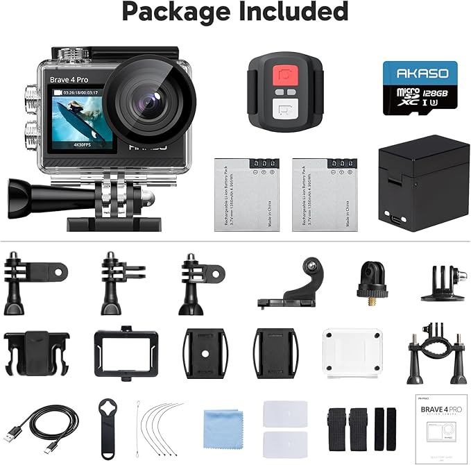 AKASO Brave 4 Pro 4K30 Action Camera with 128GB MicroSD U3 Card, 131FT Underwater Waterproof Camera EIS Touch Screen Remote Control with 2x1350mAh Batteries and Helmet Accessories Kit Bundle