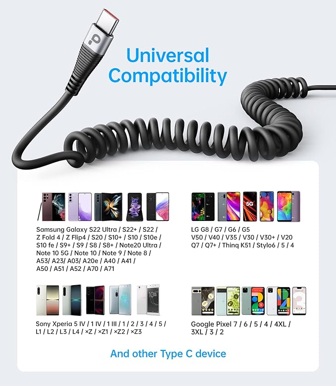 USB C Cable Fast Charging, 2Pack 3ft Coiled USB A to Type C Charge Cord for Car, USB-C Charging Cable Compatible with iPhone 17/16/15/Samsung Galaxy S20 S10 S9 S8 Plus Note 10 and More USB C Devices