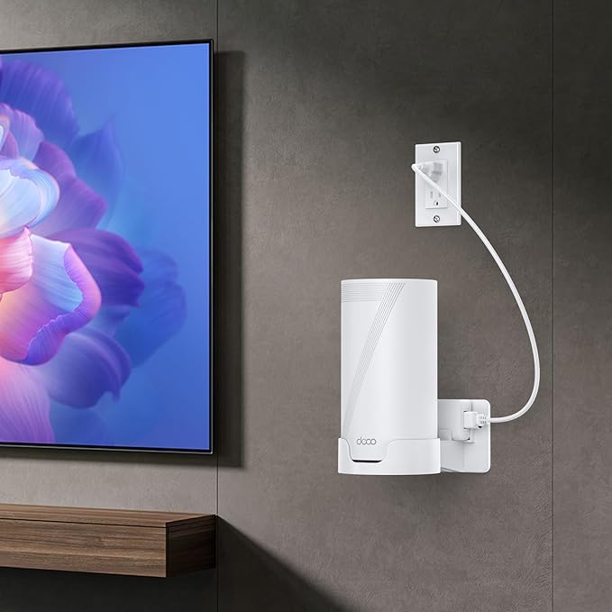 Wall Mount Kit for TP-Link Deco BE65-5G/BE75/BE85/BE95 WiFi 7 Mesh System – Space-Saving Bracket with Cable & Power Adapter Storage, Secure & Stylish Design for Home and Office (White, 2-Pack)