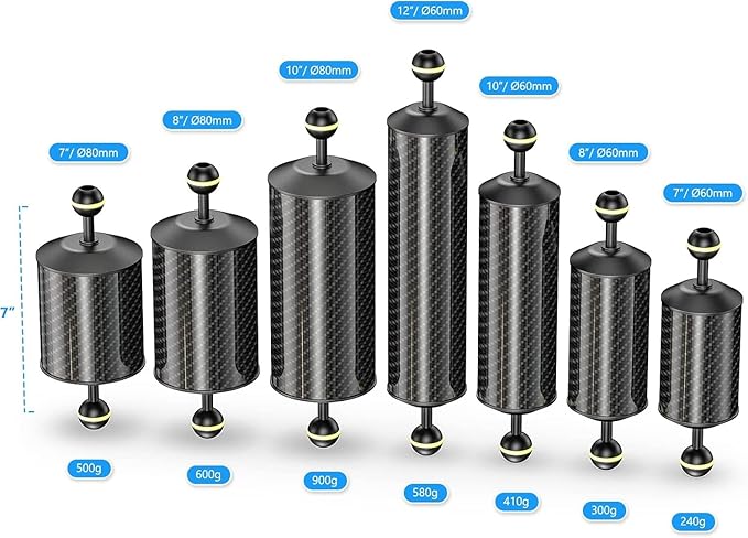 Sea frogs D60mm, 10'', Carbon Fiber Float Arm for Ultralight, Aquatic Arm, Buoyancy Provided 410g, Underwater Camera System Diving Tray Video Light/Strobe GA-7