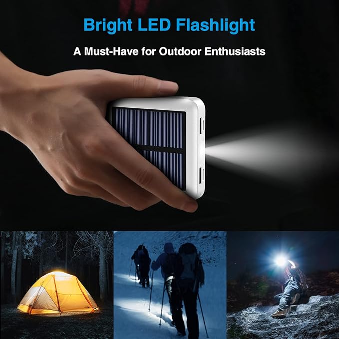 Solar Power Bank 12000mAh,Small Solar Charger Built in 4 Cables,USB C Input/Output,Dual Flashlight External Battery Portable Charger Power Bank for iPhone,Tablet,Samsung