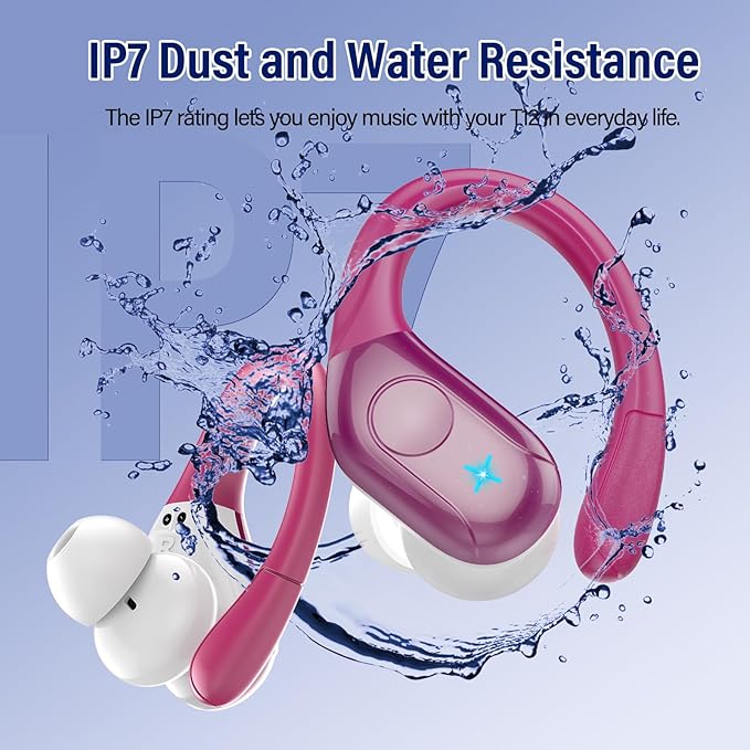 Wireless Earbuds Bluetooth 5.4 Headphones 75H Stereo Deep Bass Sports Over Ear Buds with Earhooks, LED Display Bluetooth Earbuds with 4 ENC Mic, IP7 Waterproof Earphone for Running, Rose Gold