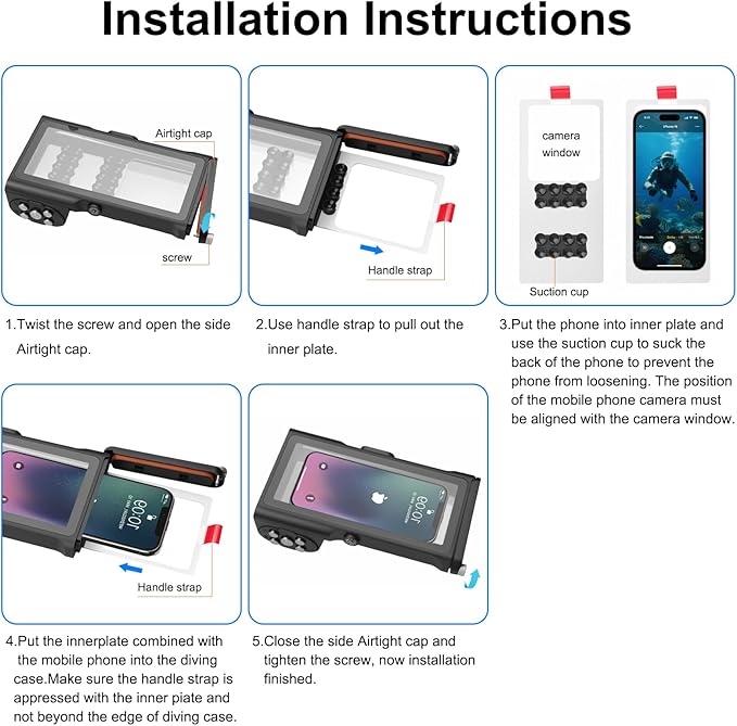50ft/15m Waterproof Snorkeling Diving Phone Case for iPhone 16-11 pro/pro max & Samsung S24-S21, Underwater Photo & Video Housing with Bluetooth Control Black