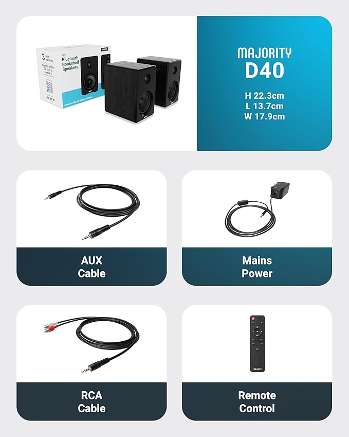 Majority D40 Active Bookshelf Speakers | Powered Stereo Studio Speakers | Powerful Amplified 2.0 Channel Sound | Bluetooth, Optical, RCA, USB & Aux Playback | Digital Controls | HiFi Speakers