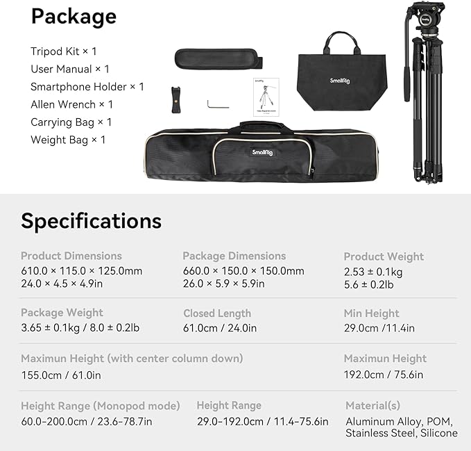 SmallRig CT210 Video Tripod, 75" Video Camera Tripod Monopod with +/-15° Leveling Base Fluid Head, Professional Camera Tripod Compatible with Video Camera, DSLR, Camcorder-4475