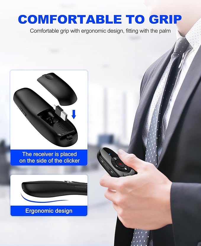 DinoFire USB Type C Wireless Presentation Clicker, BT&RF 2.4GHz Dual Modes Presenter Remote for PowerPoint Presentations Compatible with Bluetooth-Enabled Laptops Desktop Computers