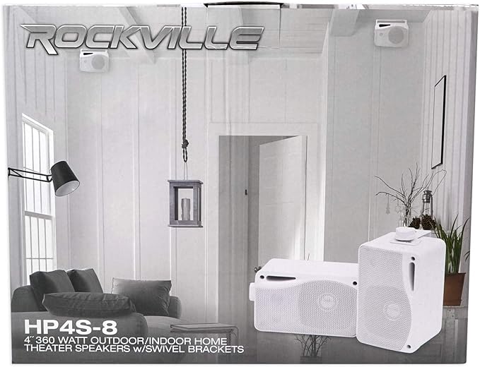 Rockville Pair HP4S-8 4-Inch 360W Outdoor/Indoor Speakers, 8 Ohm, IPX44 Weather-Resistant, Swivel Brackets, Removable Paintable Grills, for Home Theater and Patio