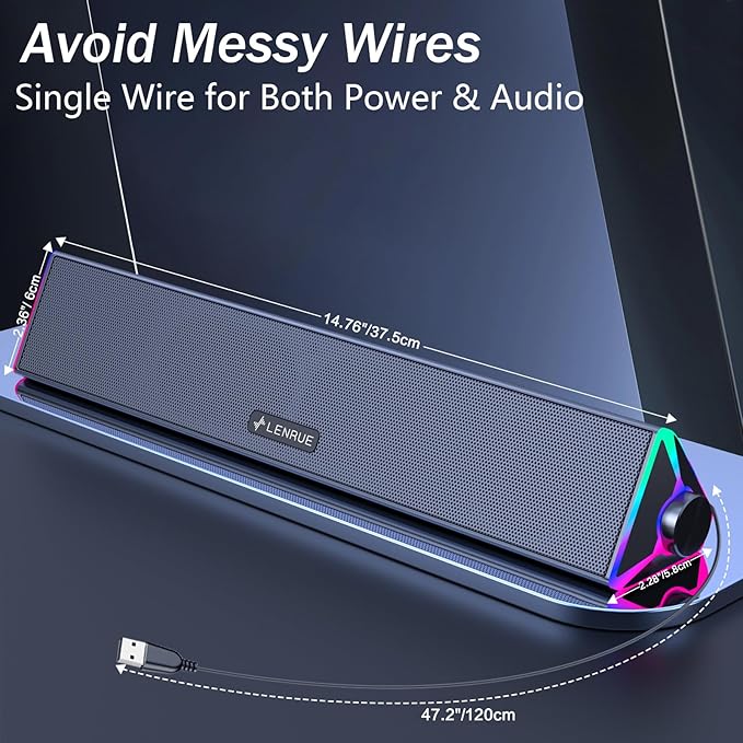 LENRUE Computer Speakers for Desktop,PC Speakers with Single USB for Power and Stereo Sound,Touch Lights Gaming Speakers Sound bar for Desktop PC Monitor Laptop(USB-C Adapter Included)