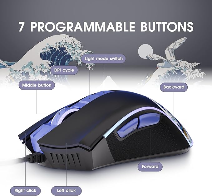 XVX Wired Gaming Mouse, 12000 DPI RGB Mouse with 12 Backlit Modes & 7 Macro Buttons, PC Gaming Mice Support DIY Keybinding, Gamer Computer Mice for Laptop PC Mac Windows, Kanagawa