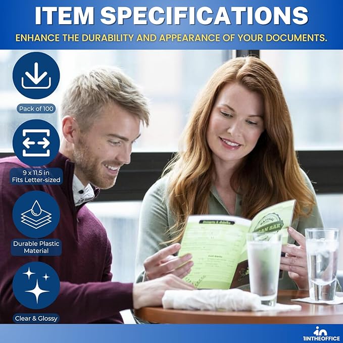 1InTheOffice Laminating Sheets 5 mil, Lamination Sheets 9 x 11.5, Thermal Pouch, Letter Size Clear, 100 Pack