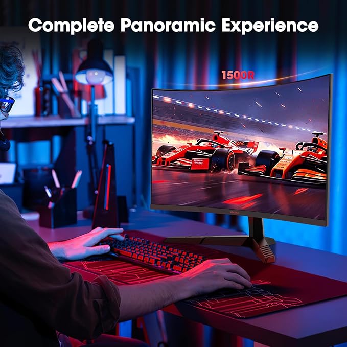 KOORUI 27 inch Curved Gaming Monitor, QHD (2560 x 1440) 180Hz R1500, Adaptive Sync with 1ms Computer Monitor, VESA Compatible, HDMI 2.0x2 & DisplayPort 1.4x1, Eye Care, 27E6QCA