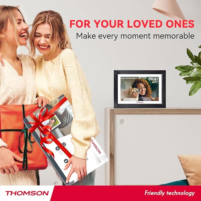 THOMSON Digital Picture Frame, Digital Photo Frame WiFi with 32 GB, HD IPS Touch Screen, Auto-Rotate, Slideshow, Share Photos/Videos from Phone by App (10.1Inch Wood)