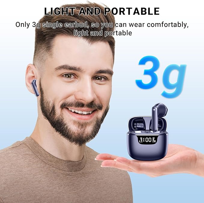 Wireless Earbuds, Bluetooth 5.4 Headphones with 42H Ultralight Ear Buds,Bluetooth Earbuds with 4 ENC Noise Cancelling Mics, HiFi Deep Bass Dual LED Display USB-C, Waterproof Earphones Blue