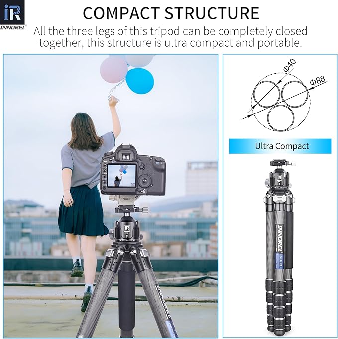 INNOREL Carbon Fiber Compact Tripod KT405C Professional 40mm Tube 5 Sections Heavy Duty Camera Stand for Digital DSLR Video Camcorder with 52mm Low Profile Panoramic Ballhead Center Column Load 30kg
