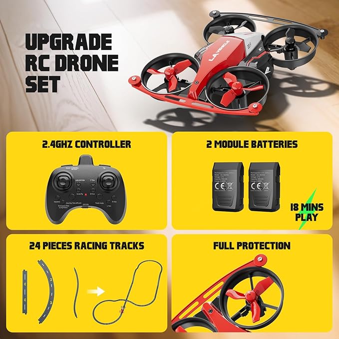 Drones for Kids 8-12, Mini Indoor Drone with 24 Piece Track Set, 2 in 1 RC Quadcopter & Flying Car Toys for Age 10-14 Boys with Jump Fly, Land Mode, Railcar Race,360 Flips,2 Batteries,Altitude Hold