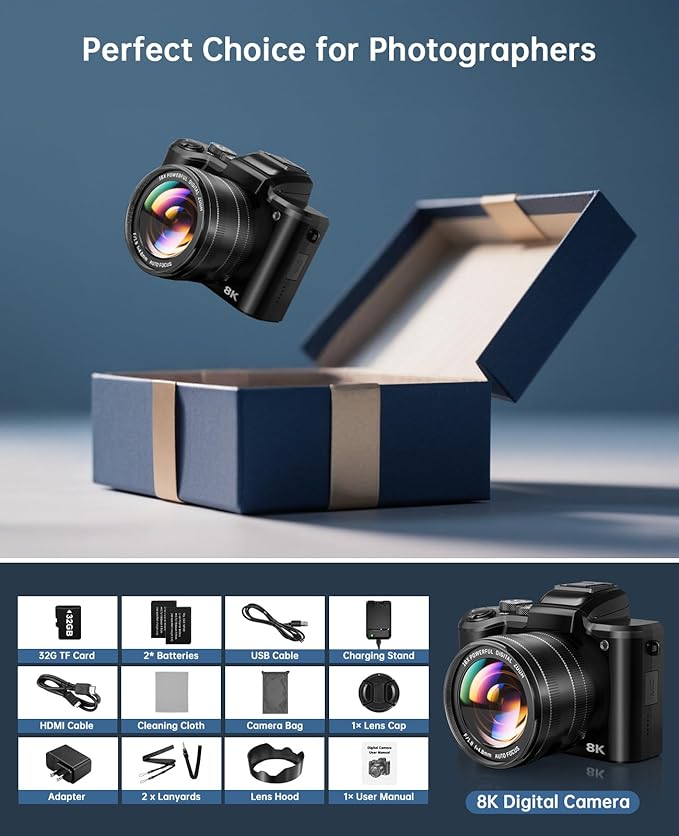 8K Digital Cameras for Photography - Autofocus 88MP WiFi Profession Camera with Dual-Lens - 16X Digital Zoom Photography Camera for YouTube with Lens Hood, Touch Screen, 2 Batteries & Charging Stand