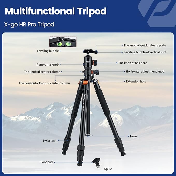 Fotopro 68 inch Camera 360 Horizontal Tripod Monopod with Center Column and Ball Head, Overhead Camera Tripod Mount for DSLR Camera, Video Camcorder, for Travel and Work