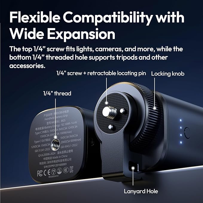 ULANZI BG5 Handheld Battery Grip 92.16Wh&Power Bank with 100W PD Bidirectional Fast Charging, Compatible with Sony/Canon/Nikon/GoPro, Ideal for Laptop/Drone/Live Streaming/Vlogging/Photography