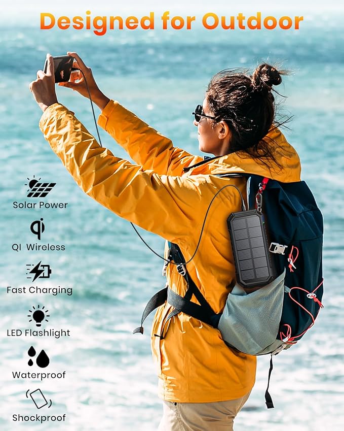 Riapow Solar Charger Power Bank - 26800mAh Wireless Portable Charger with USB C – PD QC3.0 Fast Charging Battery Bank - External Battery Pack with 4 Outputs for Phone Tablet, 2 Flashlight for Camping