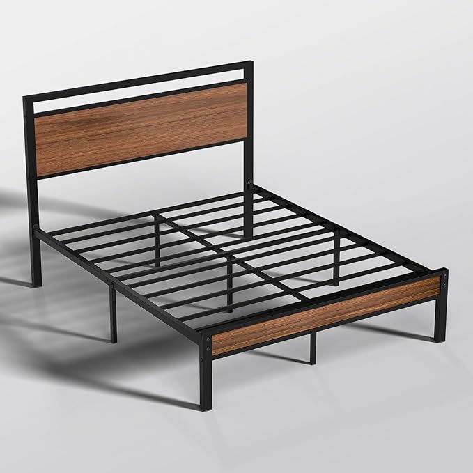 Z-hom Queen Bed Frame with Modern Wood Headboard & Footboard, Upgraded Heavy Duty Metal Sturdy Bed Frame Queen Size, Stable Platform Bed Furniture Bed Storage, No Noise, No Box Springs,Walnut