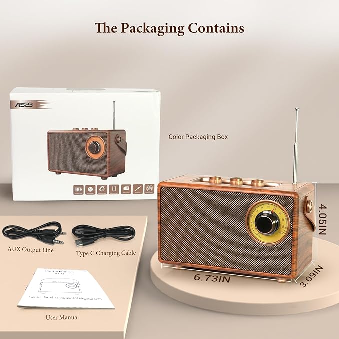 FREEFISH Portable Retro Speaker Bluetooth Radio Vintage Decor with FM Radio Rich Bass Bluetooth Speakers 5.3 Wireless Connection,TF Card, AUX for Home Office Bedroom