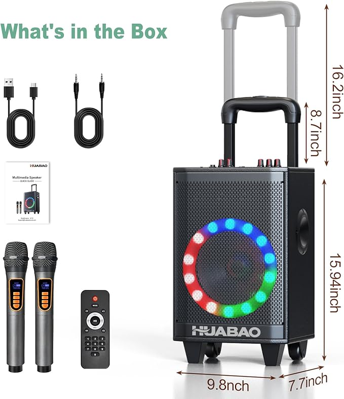 Portable Karaoke Machine with 2 Wireless Microphones, Bluetooth Speaker with Lights and Trolley Wheels, 6600mAh Rechargeable PA System, FM/AUX/USB/TF, Remote, Bass/Treble/Echo Adjust, Ideal for Party