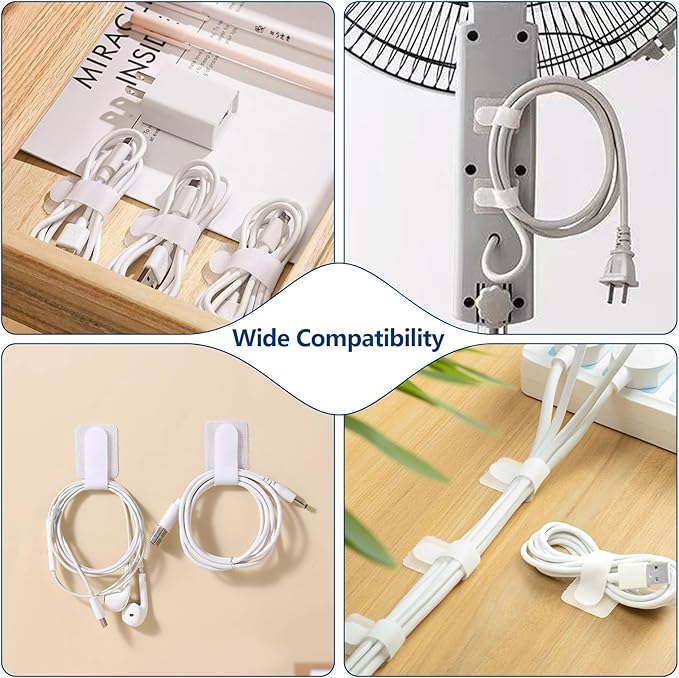 50 PCS Hook and Loop Cable Ties, Under Desk Cable Management, Self Adhesive Cable Clips Straps, Sticky-Back Cord Organizer, Wire Organizer for TV PC Laptop Ethernet Desktop, White