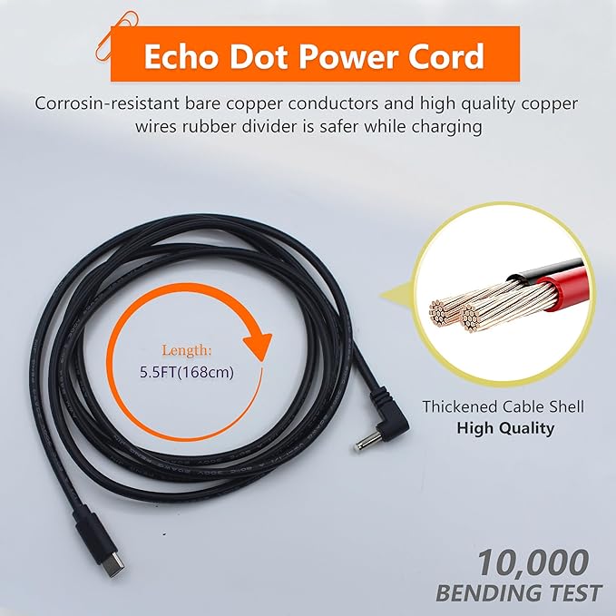 USB C to DC Charger Adapter for Echo Dot 3rd/4th Gen, Echo Dot 3rd/4th Gen with Clock Kids,Echo Spot (Black)