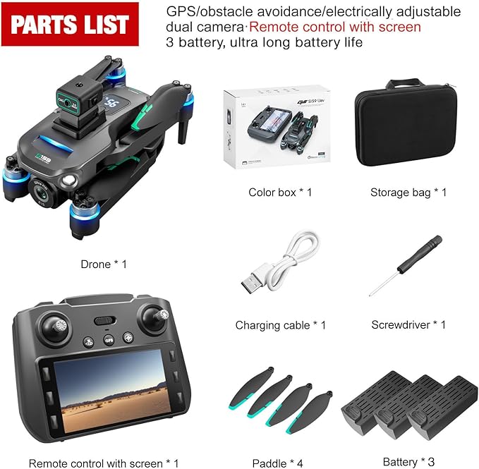 Drone with Camera 4k, GPS HD Drones for Adults, Remote Controller with Screen, Obstacle Avoidance, Brushless Motor FPV, 5G Transmission, 3 Battery, Professional (3 Battery+Black)