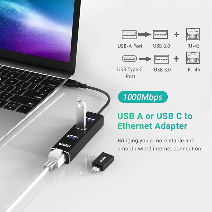 USB C to Ethernet Adapter 3-Port USB 3.0 Hub - 1000Mbps Gigabit RJ45 LAN Port, Driver-Free Aluminum Heat Dissipation for MacBook Pro/Dell XPS/Surface Laptop