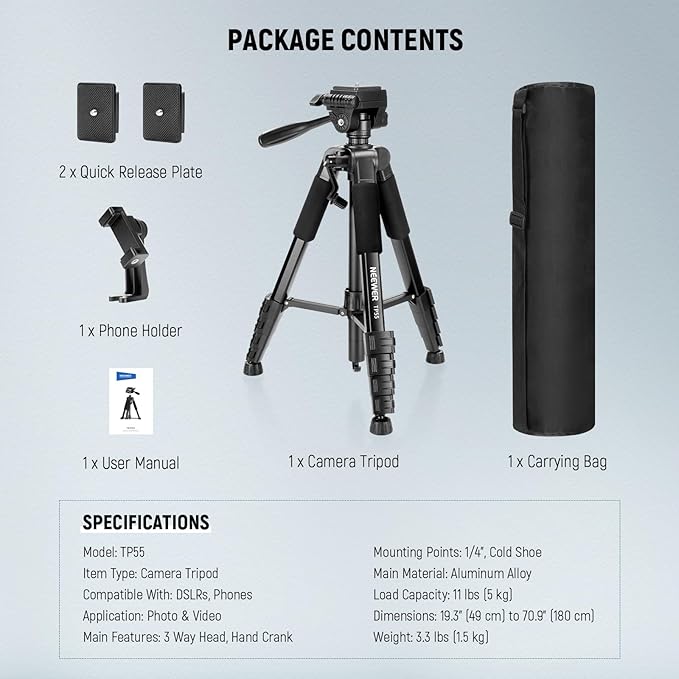 NEEWER BASICS Camera Tripod, 71'' Tripod with Cell Phone Holder Mount Compatible with iPhone for Video Recording, Professional Aluminum Lightweight Portable Travel Stand with 3 Way Pan Tilt Head, TP55