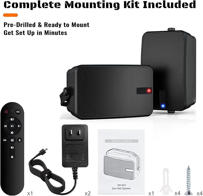 400W Outdoor Bluetooth Speakers | Wireless Sync 100+ Speakers | IPX5 Waterproof Wall Mount | for Party, Patio, Porch, Garage (Pair, Black)