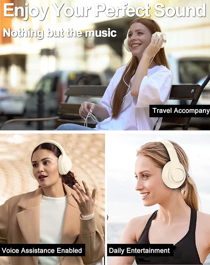 Wireless Bluetooth Headphones Over Ear, 40 Hours Playtime Wireless Headphones with Microphone,Foldable Light Weight Headset with HiFi Stereo Sound for Travel Work (Beige)