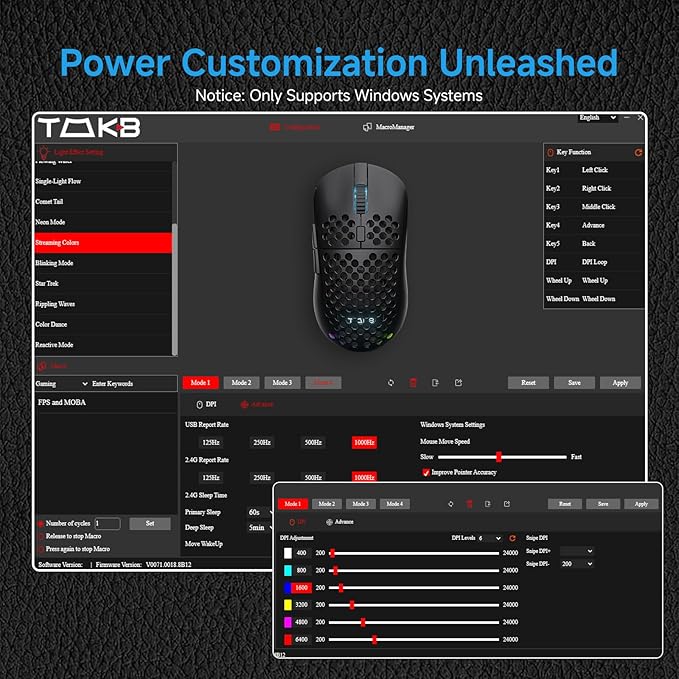 TMKB Falcon M1 Wireless Gaming Mouse, 24000DPI Optical Sensor, 180Hrs Battery, Lightweight, 6 Programmable Buttons, RGB Strip, 2.4G/BT5.2/USB-C Wired for PC/Mac/Laptop - Matte Black