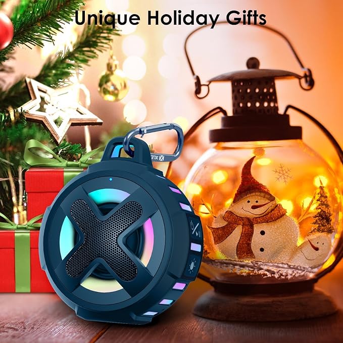 XLEADER X8, Upgraded, Portable Bluetooth Speaker, Certified IP67 Waterproof Shower Speaker, Silicone Case, 10W Bass, 24Hrs Playtime, Small, Floating, RGB Lights, Clip, for Pool Beach Kayak, Sea Blue