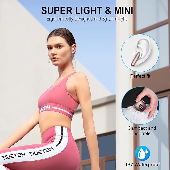 Wireless Earbuds, Bluetooth 5.4 Headphones, 48H, Stereo Ear Buds, LED Display Earphones with Mic, IP7 Waterproof In EarBud, Comfort Fit, Bluetooth Earbuds for Phone Android iOS, Sport, Walk, Rose Gold