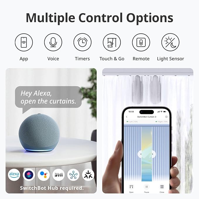 SwitchBot Automatic Curtain Opener - Bluetooth Remote Control Smart Curtain with App, Upgraded High-Performance Motor, Add SwitchBot Hub to Work with Alexa, Google Home, HomeKit