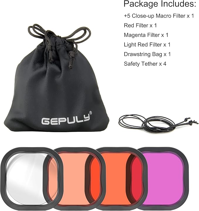 4 Pack Underwater Dive Filters for GoPro Hero 8 9 10 11 12 13 Black Official Waterproof Housing Case in Red, Light Red, Magenta, and 5X Close-up Filters for Underwater Color Correction
