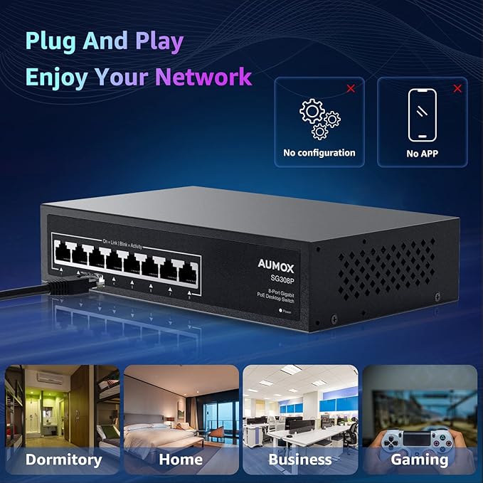 8 Port Gigabit PoE Switch, 8 Port PoE 120W, Gigabit Ethernet Unmanaged Network Switch, Plug and Play, Sturdy Metal Housing, Traffic Optimization