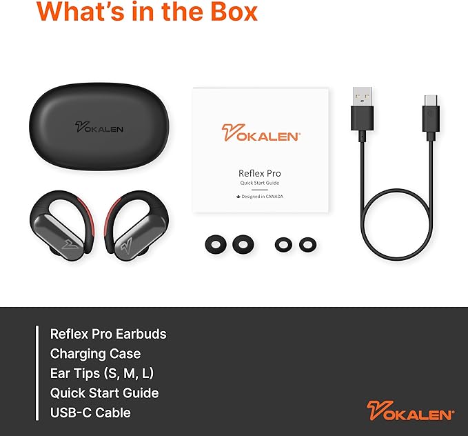 VOKALEN Reflex Pro - Wireless Sport Earbuds with Ear Hooks, Active Noise Cancellation, up to 50H of Battery Life, IP68 Dust and Waterproof, Touch Control, Secure Fit for Sports (Black)