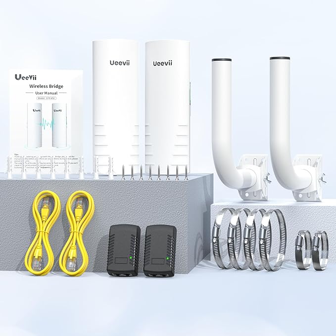 Wireless Bridge Outdoor with 2 Bracket: UeeVii CPE452 Point to Point 5.8G Long Range WiFi CPE - Work with Starlink - Extend Network to Shop Barn Garage, with 14DBi Antenna 24V PoE 2 LAN Port 2Pcs