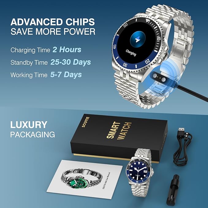 2025 DA GPT Smart Watch for Men, Heart Rate, Blood Pressure, Blood Oxygen, Sleep Monitor, 107 Sports Modes, 1.19-inch AMOLED Display, Waterproof Round Watch, Compatible Android and iOS Silver Blue